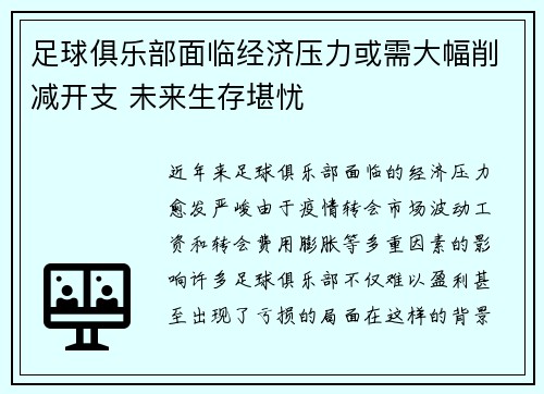 足球俱乐部面临经济压力或需大幅削减开支 未来生存堪忧