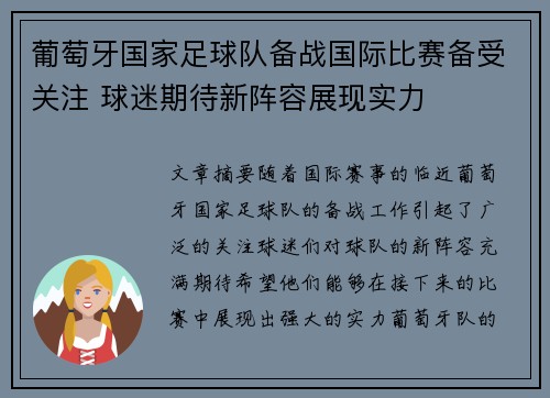 葡萄牙国家足球队备战国际比赛备受关注 球迷期待新阵容展现实力