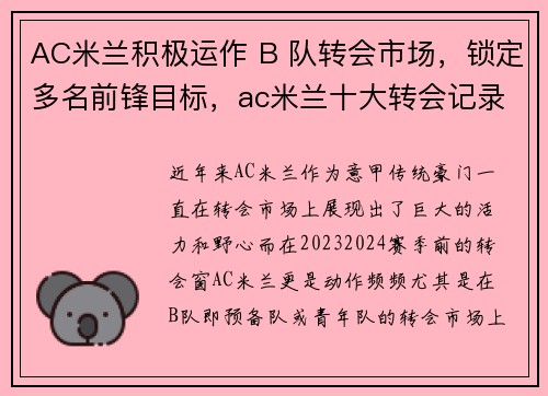 AC米兰积极运作 B 队转会市场，锁定多名前锋目标，ac米兰十大转会记录
