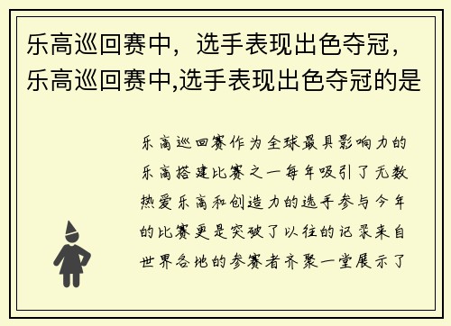 乐高巡回赛中，选手表现出色夺冠，乐高巡回赛中,选手表现出色夺冠的是谁