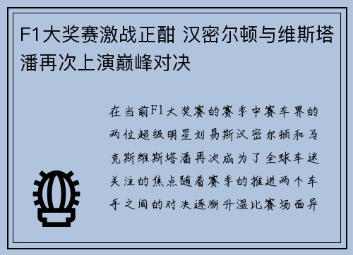 F1大奖赛激战正酣 汉密尔顿与维斯塔潘再次上演巅峰对决