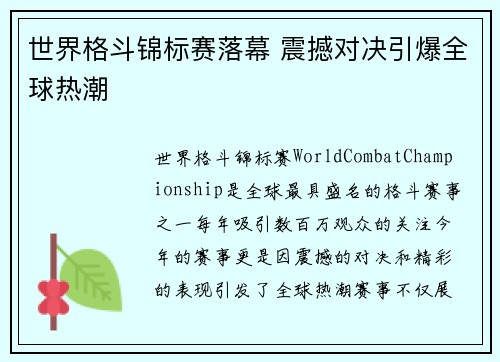 世界格斗锦标赛落幕 震撼对决引爆全球热潮