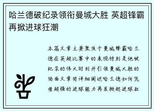 哈兰德破纪录领衔曼城大胜 英超锋霸再掀进球狂潮