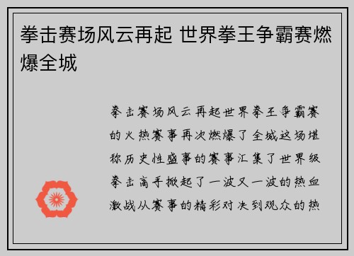 拳击赛场风云再起 世界拳王争霸赛燃爆全城