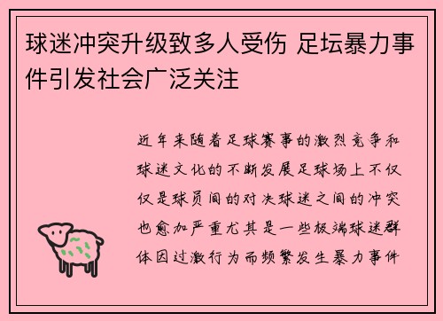 球迷冲突升级致多人受伤 足坛暴力事件引发社会广泛关注