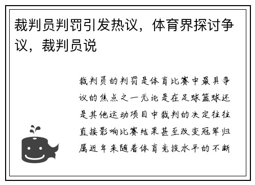 裁判员判罚引发热议，体育界探讨争议，裁判员说